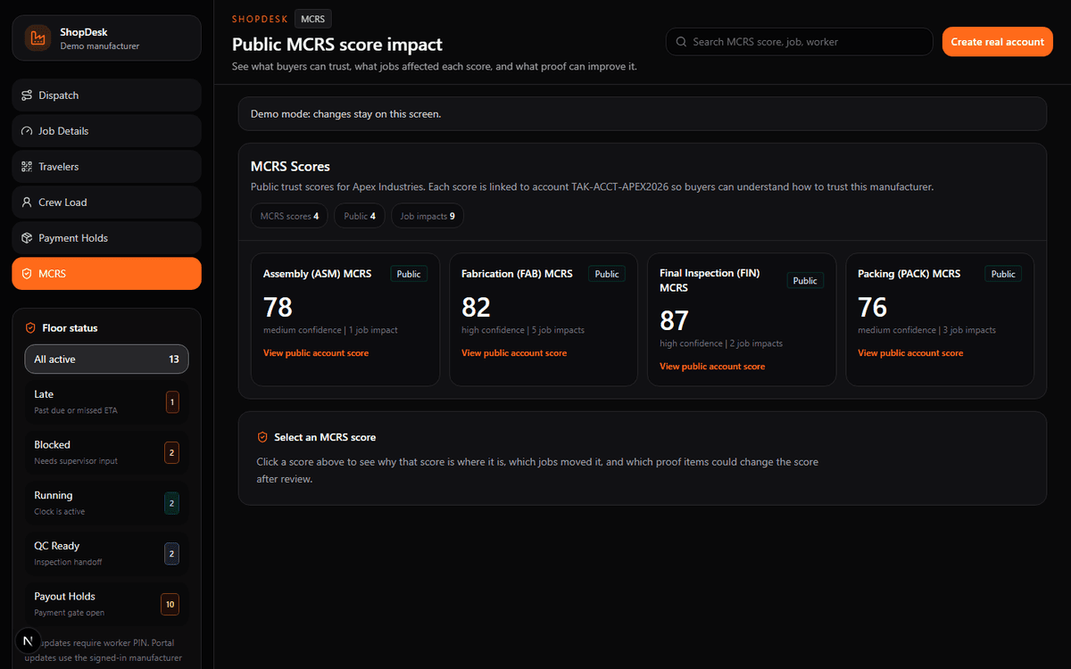 ShopDesk MCRS score screen showing public manufacturer score cards and buyer-facing job impact.