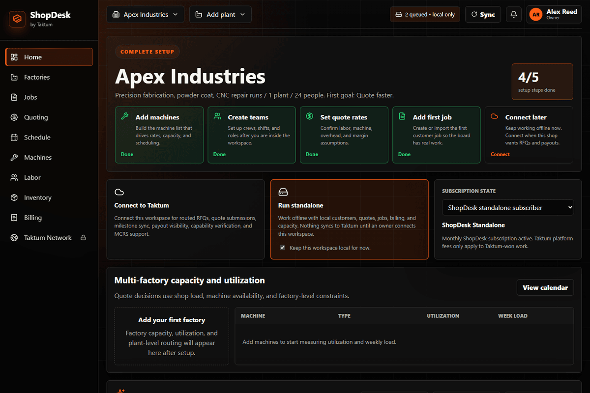ShopDesk local-first home screen with factories, jobs, quoting, schedule, and sync status.