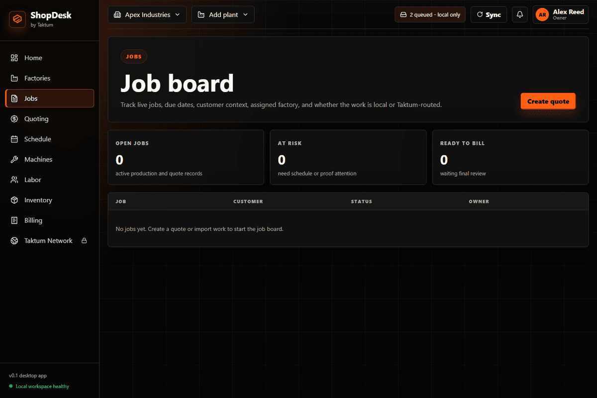 ShopDesk jobs screen showing a released manufacturing job with job context, files, route, and status.