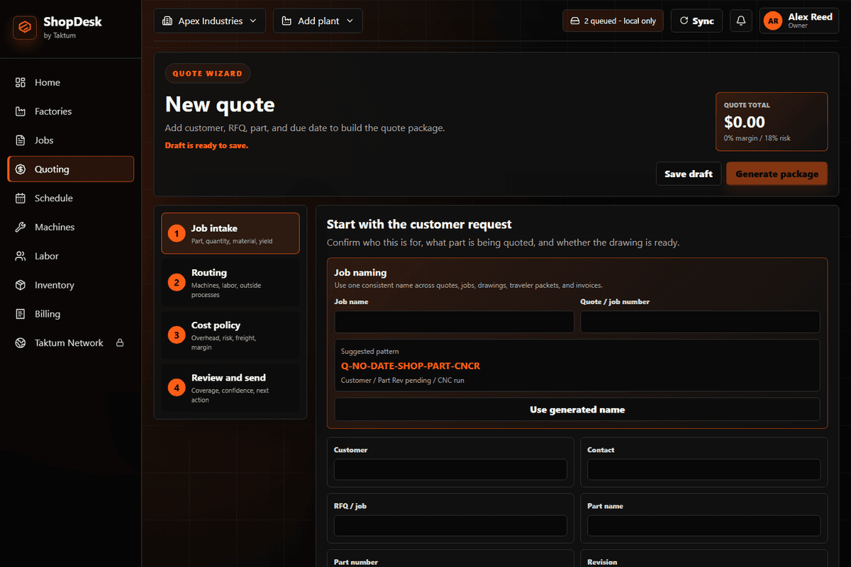 ShopDesk quoting wizard showing customer request fields, generated job naming, quote total, margin, and risk.